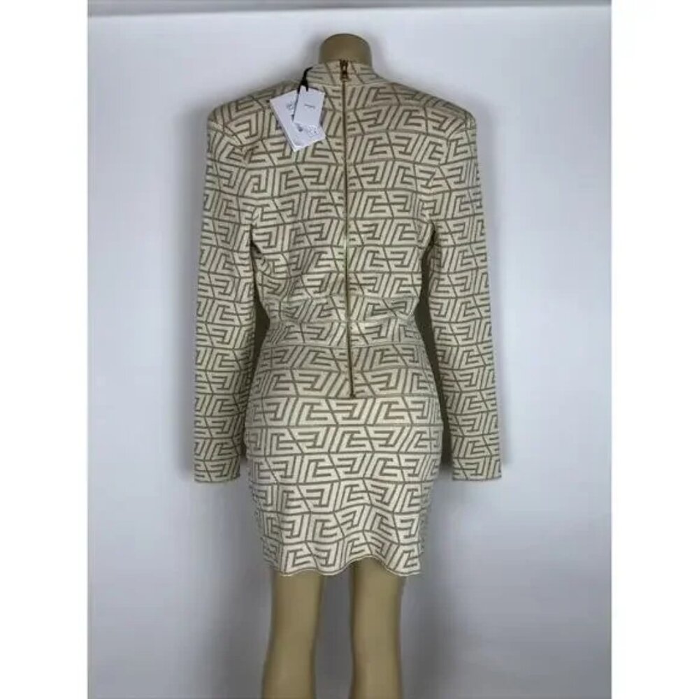 NWT Balmain Women's Natural V-neck Monogram Knitted Mini Dress